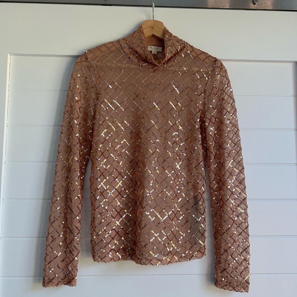 Pilcro Rose Gold Long Sleeve Mesh Mockneck Top with Sequin Detailing ✨